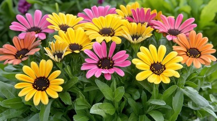 A cluster of vibrant marigolds with contrasting green foliage.