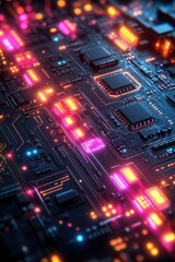 Obraz premium Futuristic neon circuit board with glowing elements and technology connections
