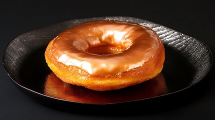A gourmet donut with metallic glaze served on a sleek black platter 