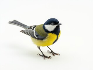 Fototapeta premium Bright yellow bird standing on white background showcasing vibrant plumage and natural behavior
