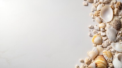 Collection of seashells arranged on a white background for coastal decor