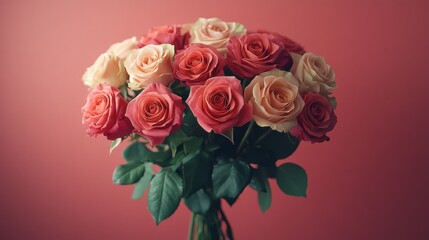 Elegant bouquet of pink and cream roses against a blush background