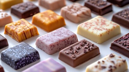 Assorted artisan chocolates display in vibrant colors and textures