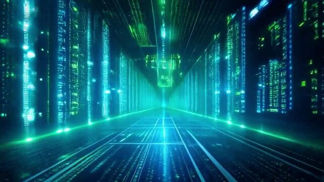 Cyberpunk Digital Matrix with Raining Code and Futuristic Grid Floor 4K Video, Motion, Animation.