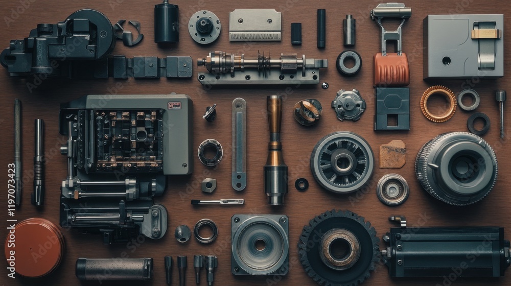 Poster a collection of precision tools and parts arranged on a workbench.
