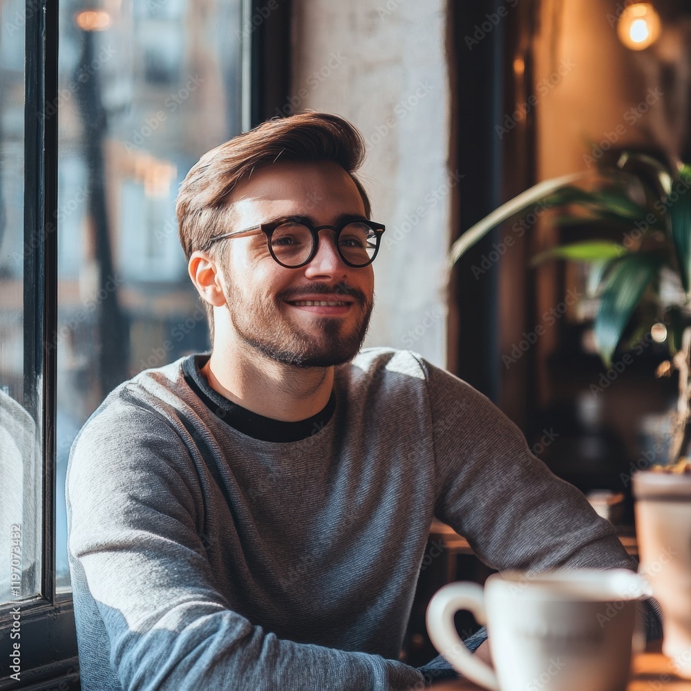 Leinwandbilder Young man enjoying coffee in a cozy cafe with ample space for text placement suitable for mock up designs. Generative AI