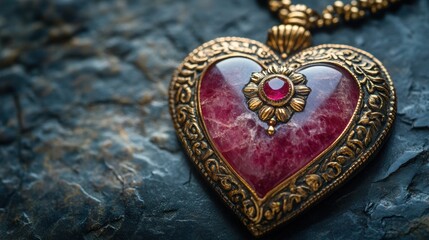 Obraz premium Ornate heart-shaped ruby necklace on rustic stone background