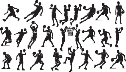 Silhouette of Person Playing Basketball - Vector Set Illustration