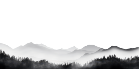 foggy mountains panorama landscape isolated on white or transparent png