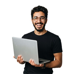 Portrait of a young man in a black t-shirt, standing and holding a laptop with a cheerful smile.