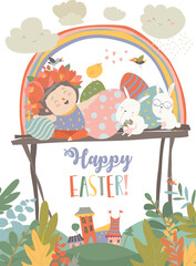 Fototapeta premium Cute girl with Easter rabbits and Easter eggs. Vector greeting card