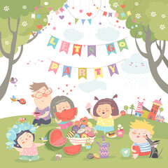 Children having picnic at the lawn. Vector illustration