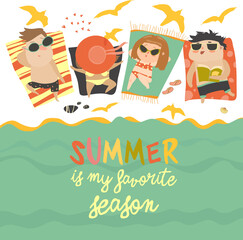 Children on the sunny beach. Summer is the favorite season. Vector illustration