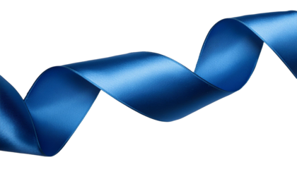 A vibrant blue satin ribbon elegantly curls against a pristine white backdrop. 