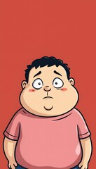 Obraz premium Sad cartoon boy with a thoughtful expression. He's wearing a pink shirt against a red background.