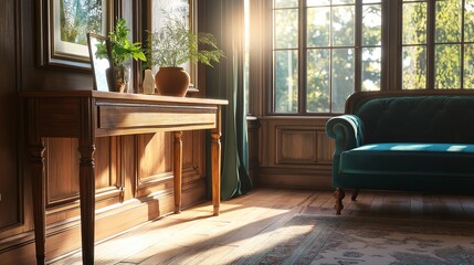 Sunlit Living Room with Antique Console Table and Velvet Sofa