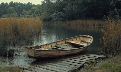 Obraz premium Rowboat at dawn, misty lake, autumn forest. Peaceful nature scene