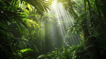 Obraz premium Sunlight streams through the dense foliage of a tropical jungle.