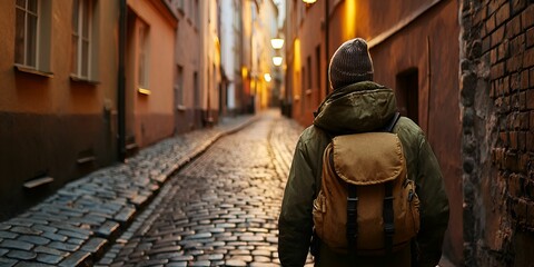 Obraz premium Tourist exploring an old town concept. A person walks down a narrow, cobblestone street illuminated by warm lights.