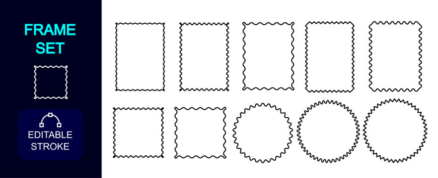 wavy edge rectangle frames and circle frames. wiggly border set for present card, gift card, poster, web, app, ui, wrapping paper, picture, stamp etc design