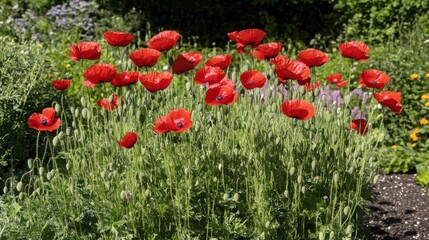 Fototapeta premium A field of red poppies swaying in the gentle breeze under the sun.