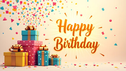 Colorful Birthday Celebration with Gifts and Confetti Happy Birthday Wishes