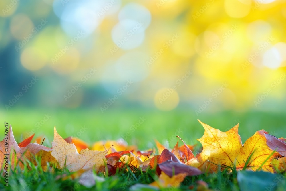 Aufkleber colorful autumn leaves scattered on the ground in a serene natural setting with blank space for text