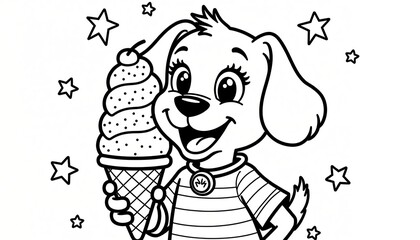 Adorable puppy enjoying a delicious ice cream cone on a starry day. A perfect coloring page for kids!