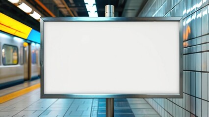 Fototapeta premium Empty billboard at a subway station with modern architecture and vibrant lighting in background