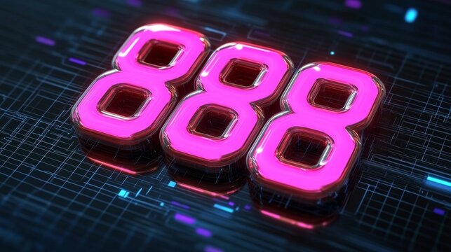 Glowing Neon Number 888 on a Futuristic Circuit Board Background, Digital Illustration