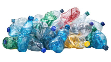 Pile of wasted plastic bottles isolated on white background 