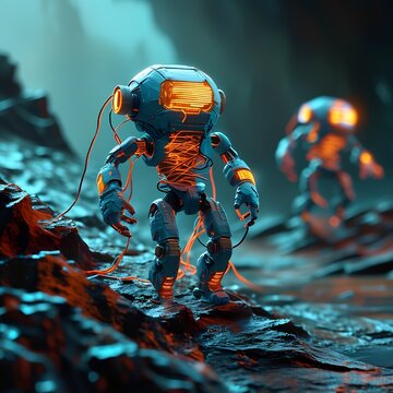 Futuristic robot explorers in an alien landscape discovering new worlds