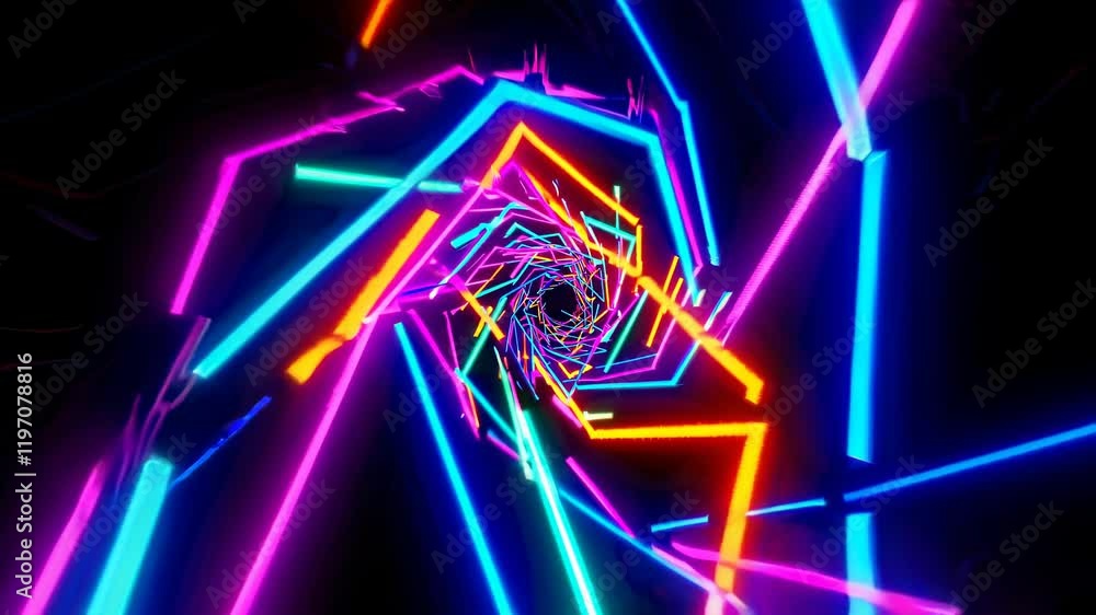 Poster Experience a vibrant tunnel of neon lights with swirling patterns and colors at a creative art installation