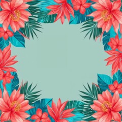 Obraz premium Bright coral and turquoise tropical flowers framing the edges for a vibrant summery design