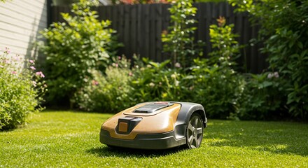 Robotic lawn mower working on a bright afternoon in a residential garden surrounded by greenery
