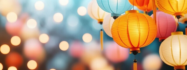 Colorful paper lanterns glowing in soft light, creating a festive and enchanting atmosphere for celebrations