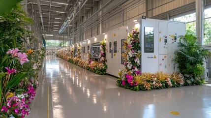 Factory opening ceremony, floral decorations, industrial facility, clean floor. Use Industrial event, news report