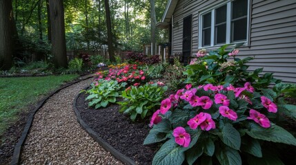 Fototapeta premium A garden filled with colorful impatiens flowers in shaded corners.