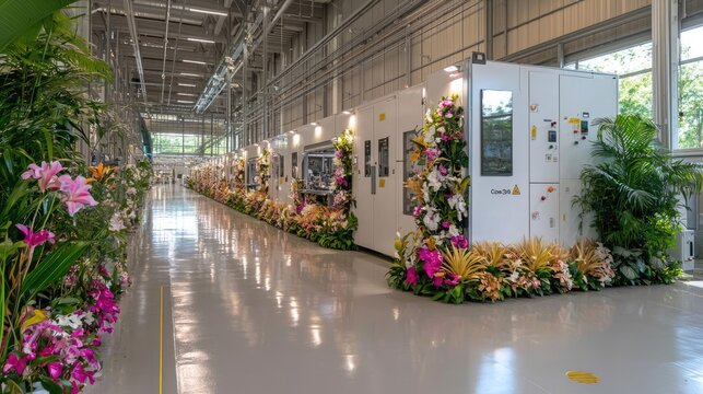 Factory opening ceremony, floral decorations, industrial facility, clean floor. Use Industrial event, news report