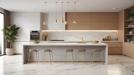 Minimalist modern interior design of kitchen with white marble stone island, dining table and chairs.