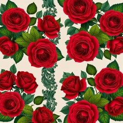 Bright red roses with green leaves arranged into intricate floral border frames