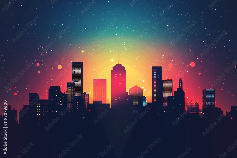 Poster City skyline illuminated by vibrant colors at dusk, perfect for adding custom text or branding. Generative AI