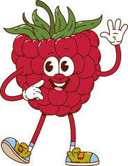 Cartoon groovy raspberry happy smiling character. Garden ripe berry 60s 70s funky cute mascot. Farm orchard fresh raspberry vintage cartoon isolated vector character happy smiling and waving hand