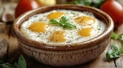 Savory Baked Eggs with Creamy Polenta and Basil