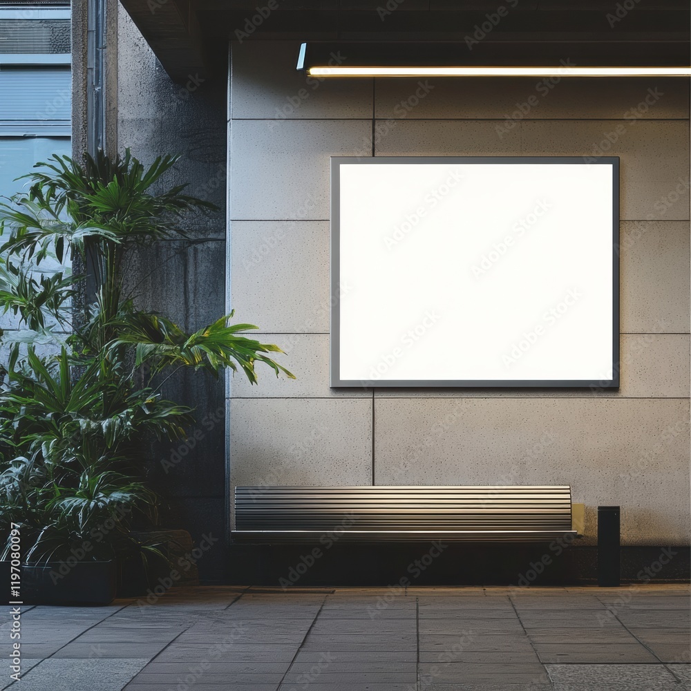 Poster blank advertising space with a bench and plants in an urban setting suitable for promotional content