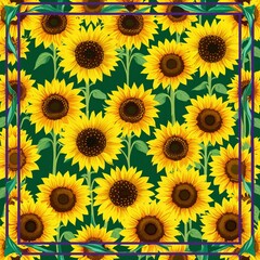 Obraz premium Bright yellow sunflowers with green stems arranged into vibrant border frame patterns