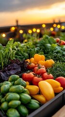 Rooftop vegetable garden lit by string lights at sunset, cozy atmosphere, and sustainable city lifestyle