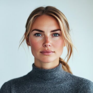 An ethic portrait photo, LinkedIn style, of a confident and assured 36 years old Female, from Sweden, with the following imperfection: uneven skin texture.