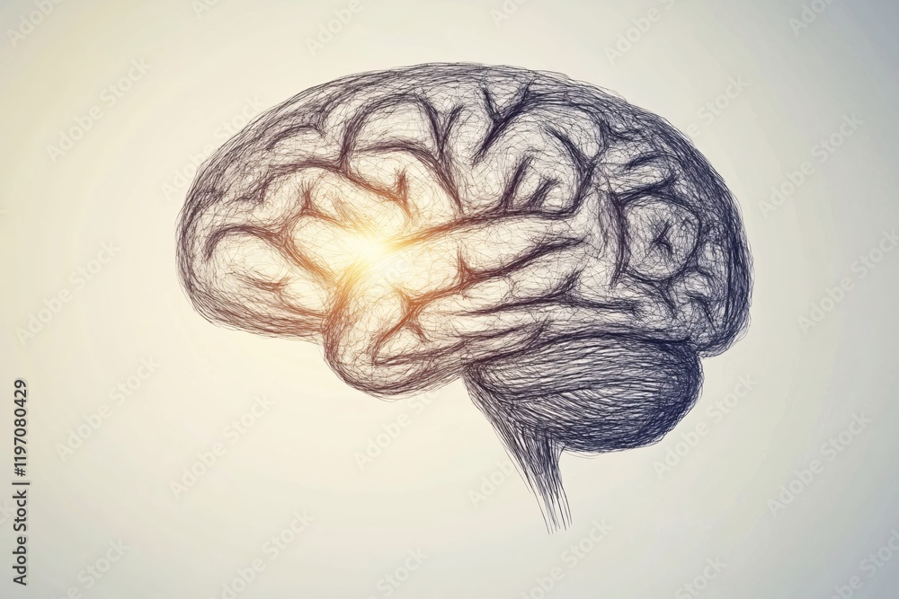 Poster artistic brain sketch glowing inner light neural network design