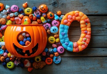 Festive Halloween Candy Display with Colorful Treats in Pumpkin Bowl and Number Zero on Rustic Wooden Background